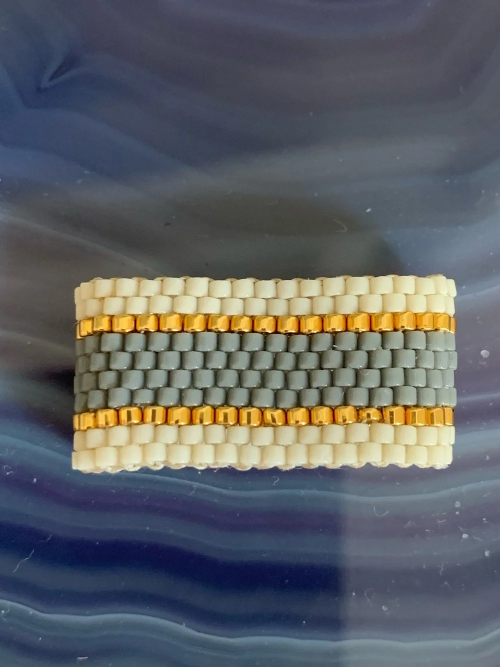 Maasai Beaded Ring Wide – Cream Grey & Gold Handmade woven mesh ring NEW